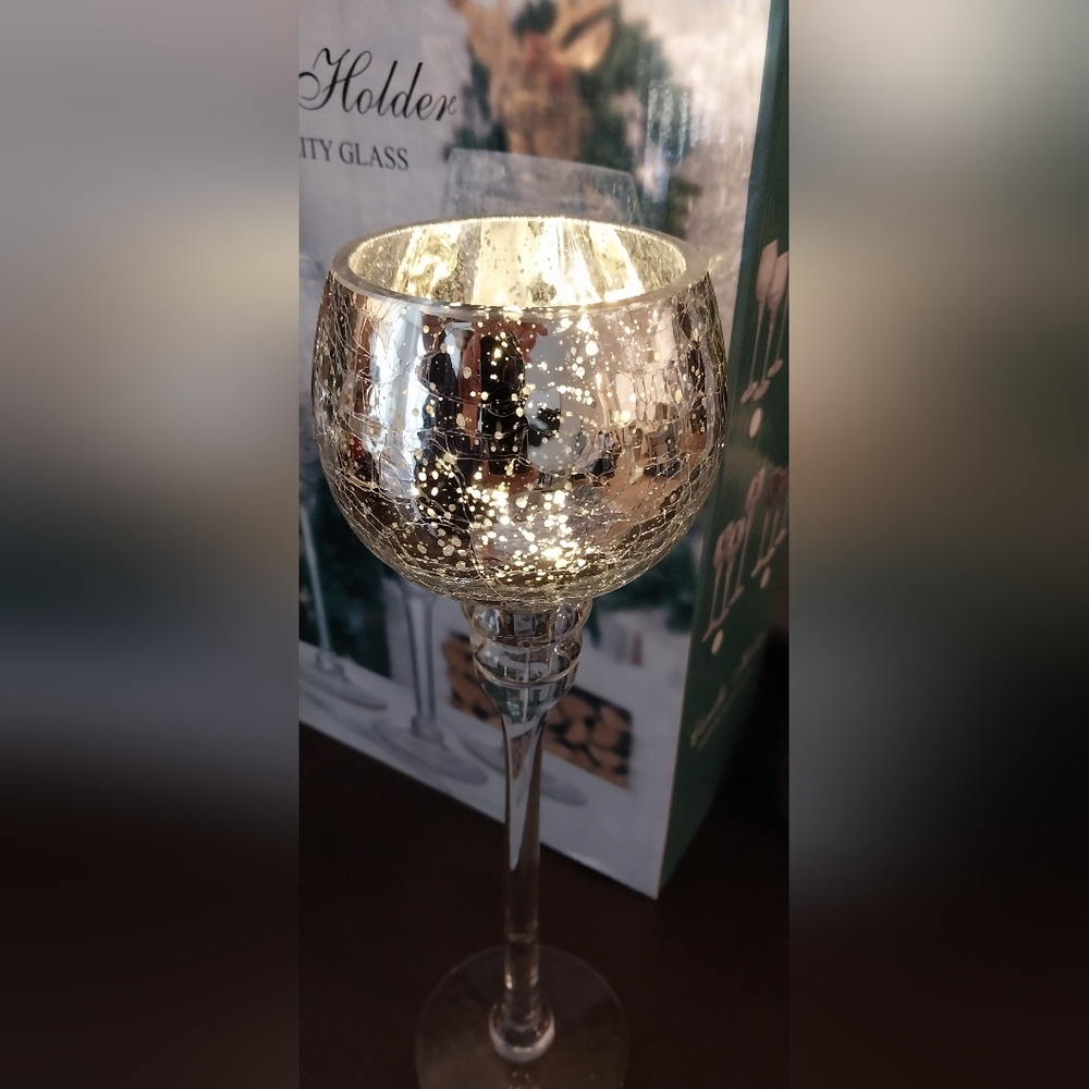 Silver Goblet Crackle Glass Candle Holders (Set of 3) - Picture 4 of 4